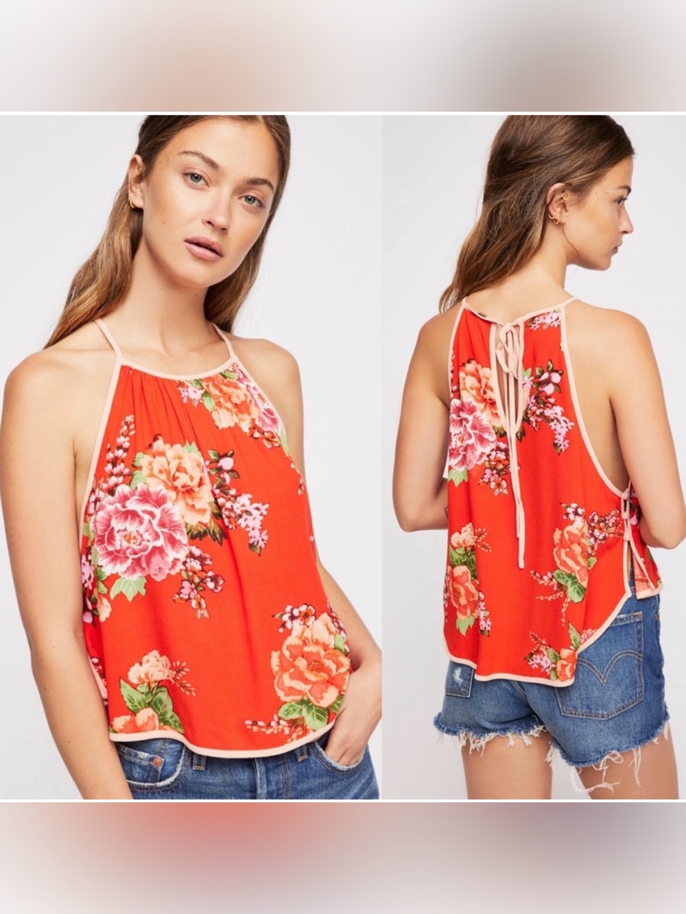 Free People Break Free Red Floral Printed Top Size XS